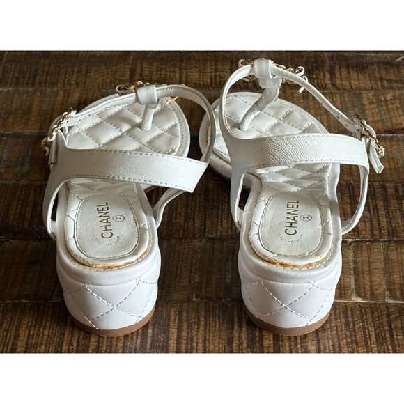 Chanel White Leather Gold CC Quilted T-Strap Sandals Block Heel 38C 8 Italy 2000 - Picture 11 of 14